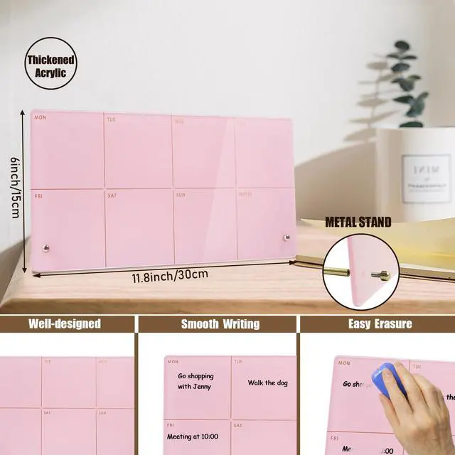 Alt view image 2 of 7 - Desktop Acrylic Weekly Planner Whiteboard with Stand,12"X6"-Small,Dry Erase Weekly Planner for Desk,Acrylic Desk Calendar Dry Erase,Pink Dry Erase Board for Office Home School-ZMZL-P-1530
