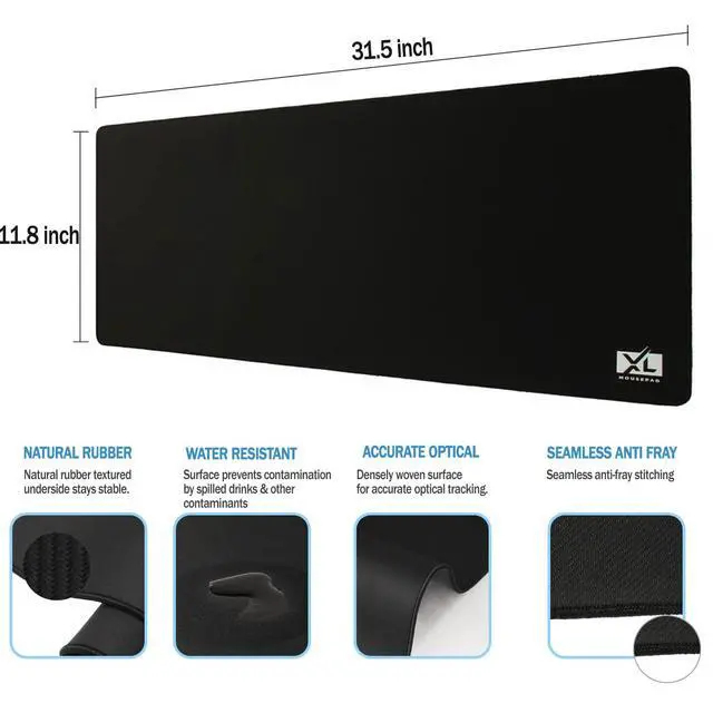 Alt view image 2 of 7 - Large Extended Gaming Desk Mousepad (800x300x3mm) - Nonslip Rubber Base and Water Spill Resistant Desktop Keyboard Mouse Mat - Anti-Fray Cloth - Black