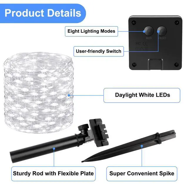 Alt view image 2 of 6 - Solar String Lights, 2-Pack Total 80FT 200LED Solar Fairy Lights with 8 Lighting Modes, Solar Lights Outdoor Waterproof for Christmas Wedding Party Tree Yard Decoration (Daylight White)