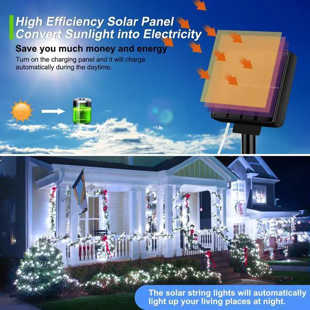 Alt view image 3 of 6 - Solar String Lights, 2-Pack Total 80FT 200LED Solar Fairy Lights with 8 Lighting Modes, Solar Lights Outdoor Waterproof for Christmas Wedding Party Tree Yard Decoration (Daylight White)
