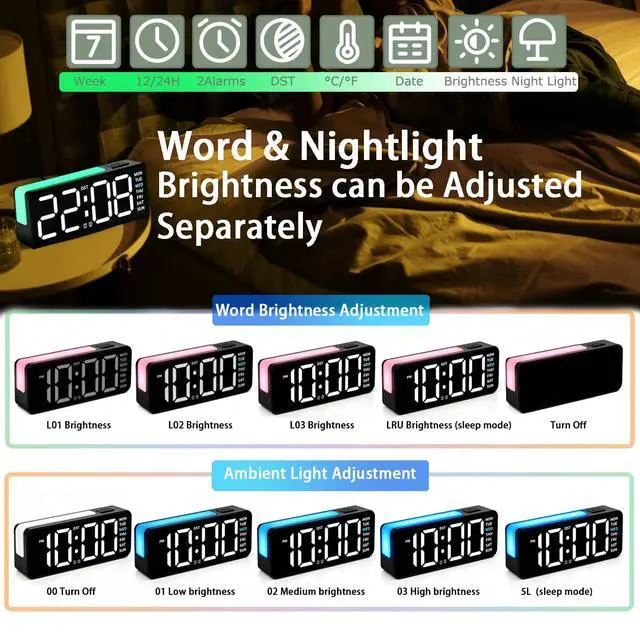 Alt view image 2 of 7 - Small Digital Alarm Clock with DST, 6" Plug-in Digital Bedside Clock with Variable Color Night Light, Electric Clock Large Big Numbers Display with Battery Backup for Bedroom Desk Table,(Black)