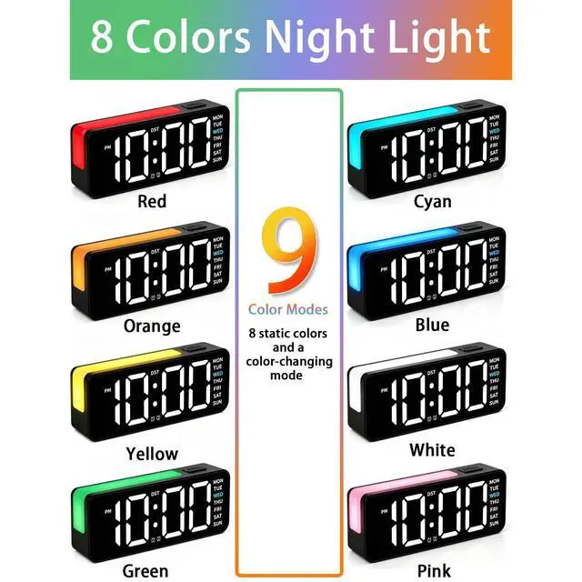 Alt view image 3 of 7 - Small Digital Alarm Clock with DST, 6" Plug-in Digital Bedside Clock with Variable Color Night Light, Electric Clock Large Big Numbers Display with Battery Backup for Bedroom Desk Table,(Black)