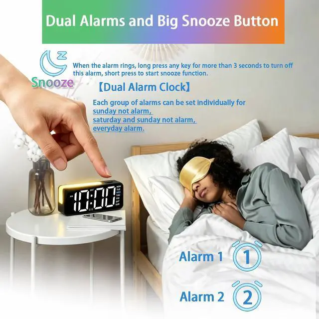Alt view image 4 of 7 - Small Digital Alarm Clock with DST, 6" Plug-in Digital Bedside Clock with Variable Color Night Light, Electric Clock Large Big Numbers Display with Battery Backup for Bedroom Desk Table,(Black)