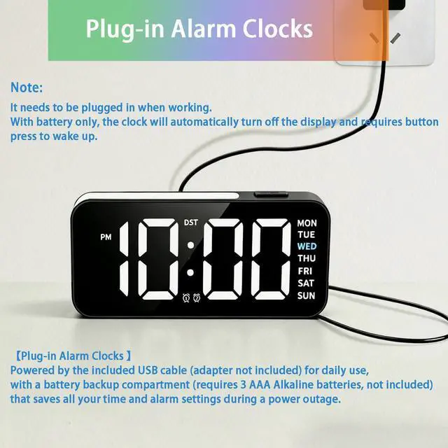 Alt view image 5 of 7 - Small Digital Alarm Clock with DST, 6" Plug-in Digital Bedside Clock with Variable Color Night Light, Electric Clock Large Big Numbers Display with Battery Backup for Bedroom Desk Table,(Black)