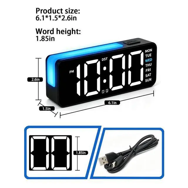 Alt view image 6 of 7 - Small Digital Alarm Clock with DST, 6" Plug-in Digital Bedside Clock with Variable Color Night Light, Electric Clock Large Big Numbers Display with Battery Backup for Bedroom Desk Table,(Black)