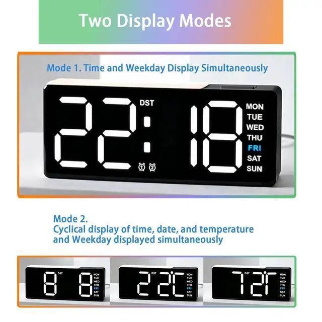 Alt view image 7 of 7 - Small Digital Alarm Clock with DST, 6" Plug-in Digital Bedside Clock with Variable Color Night Light, Electric Clock Large Big Numbers Display with Battery Backup for Bedroom Desk Table,(Black)