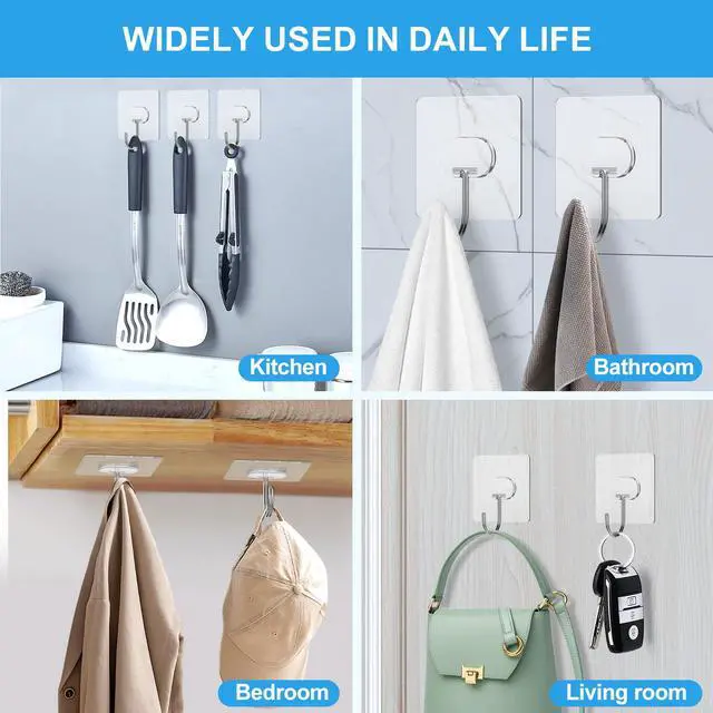 Alt view image 4 of 7 - Adhesive Wall Hooks No Drill Large Clear Heavy Duty,13LB Sticky 8 Pack