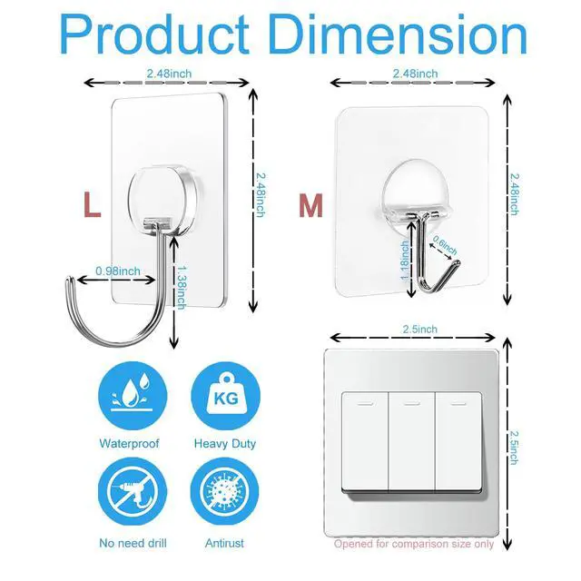 Alt view image 2 of 7 - Wall Hooks No Drill Large Clear Heavy Duty,13LB Sticky 12 Pack