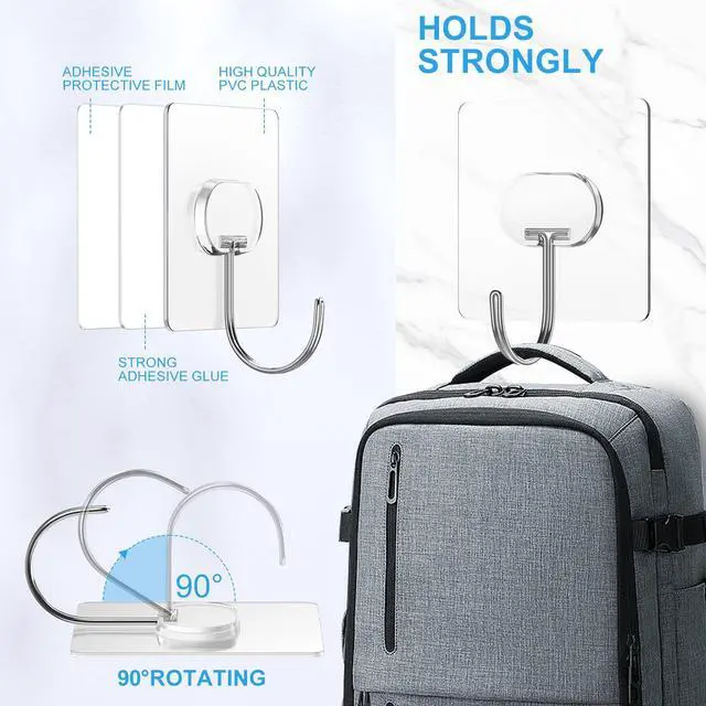 Alt view image 5 of 7 - Adhesive Wall Hooks No Drill Large Clear Heavy Duty,13LB Sticky 8 Pack