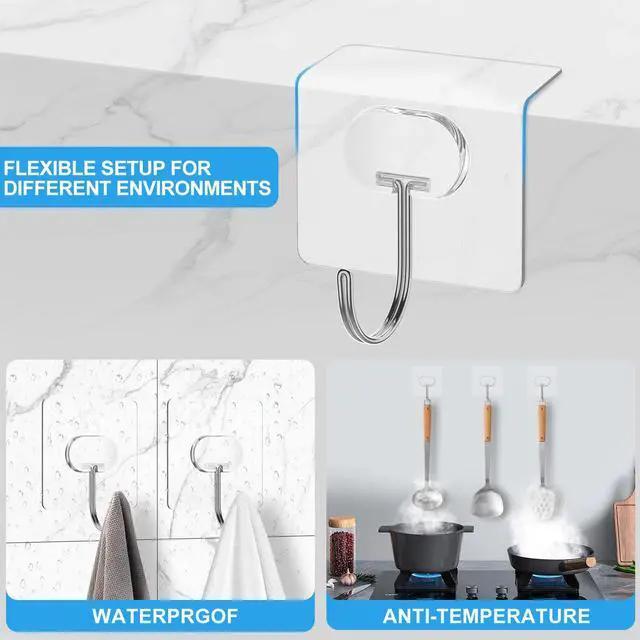 Alt view image 7 of 7 - Adhesive Wall Hooks No Drill Large Clear Heavy Duty,13LB Sticky 8 Pack