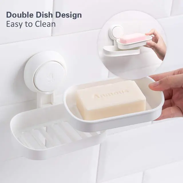 Alt view image 2 of 7 - Suction Cup Soap Dish Holder for Shower, Dual-Layer Self-Draining Bar Soap Holder, No-Drill Removable Wall Mount Soap Tray for Tile, Glass, Bathroom & Kitchen Sink