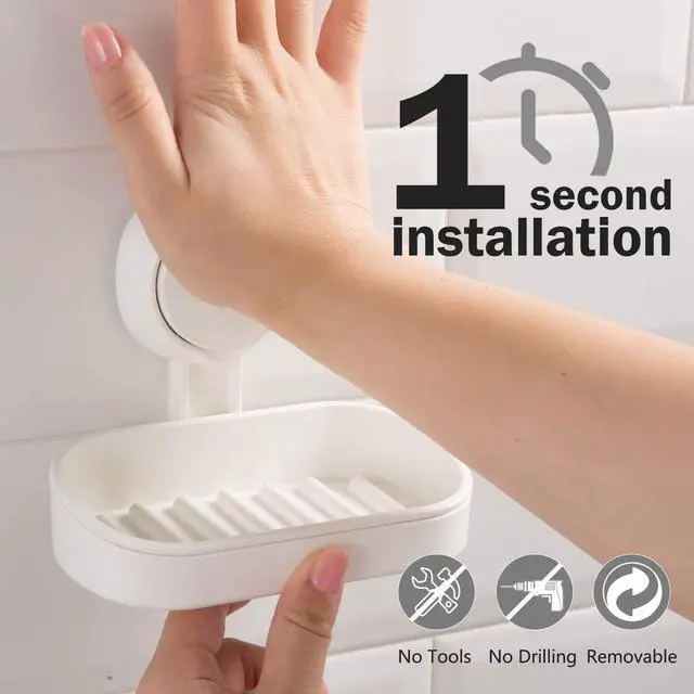 Alt view image 3 of 7 - Suction Cup Soap Dish Holder for Shower, Dual-Layer Self-Draining Bar Soap Holder, No-Drill Removable Wall Mount Soap Tray for Tile, Glass, Bathroom & Kitchen Sink