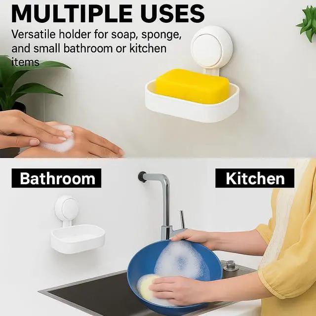 Alt view image 6 of 7 - Suction Cup Soap Dish Holder for Shower, Dual-Layer Self-Draining Bar Soap Holder, No-Drill Removable Wall Mount Soap Tray for Tile, Glass, Bathroom & Kitchen Sink