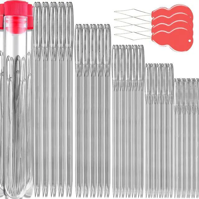 Main image of 75 PCS Large Eye Sewing Needles, 5 Sizes Hand Sewing Needles with 4 Pcs Needle Threader, Including Embroidery