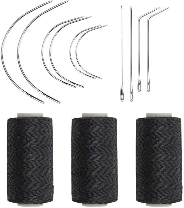 Main image of Weaving Needle Combo Deal Black Thread with 10pcs Needle for Making Wig Sewing Hair Weft Hair Weave Extension, Big Medium and Small C J Shape Curved Needle I Needle (3 Thread Black + 10 Needle)
