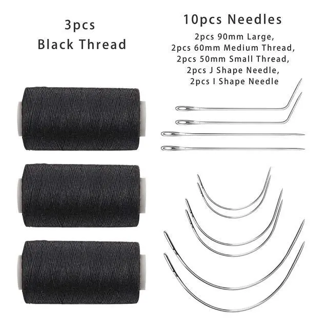 Alt view image 2 of 7 - Weaving Needle Combo Deal Black Thread with 10pcs Needle for Making Wig Sewing Hair Weft Hair Weave Extension, Big Medium and Small C J Shape Curved Needle I Needle (3 Thread Black + 10 Needle)
