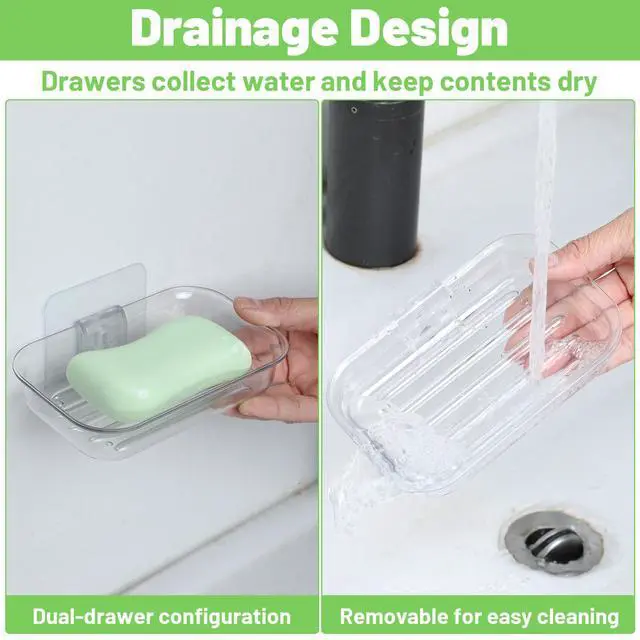 Alt view image 3 of 7 - Bar Soap Dish for Shower Clear Soap Holder with Self-Draining Design, Wall Mounted Soaps Saver No Drilling with Strong Adhesive Clear Plastic Sponge Bar Soaps Saver for Bathroom Bathtub Kitchen Sink