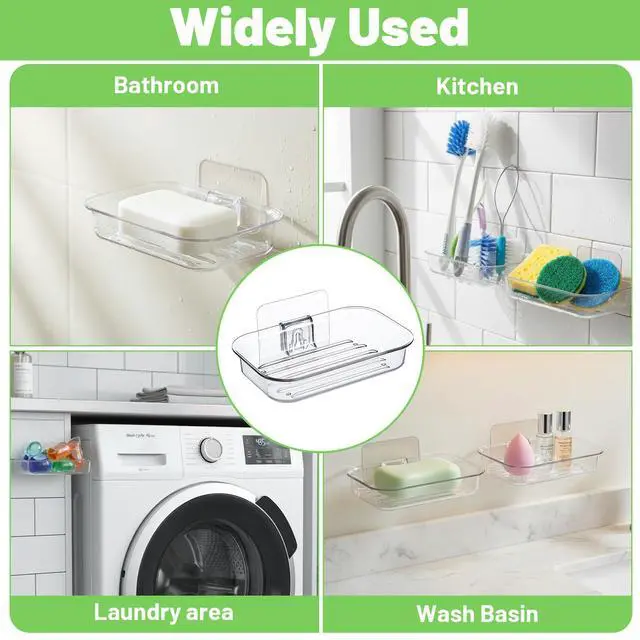 Alt view image 6 of 7 - Bar Soap Dish for Shower Clear Soap Holder with Self-Draining Design, Wall Mounted Soaps Saver No Drilling with Strong Adhesive Clear Plastic Sponge Bar Soaps Saver for Bathroom Bathtub Kitchen Sink