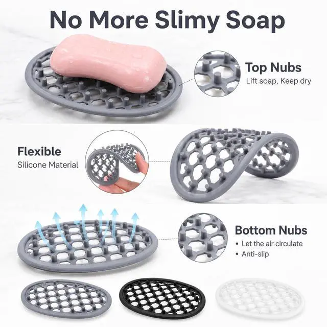 Alt view image 3 of 7 - 3Pcs Silicone Soap Holder, Non-Slip Soap Tray Efficient Drainage Holes