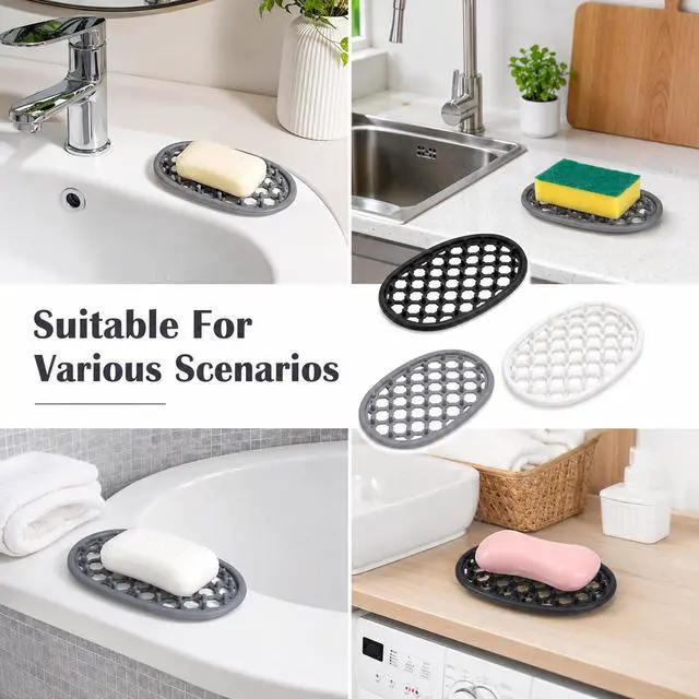 Alt view image 7 of 7 - 3Pcs Silicone Soap Holder, Non-Slip Soap Tray Efficient Drainage Holes