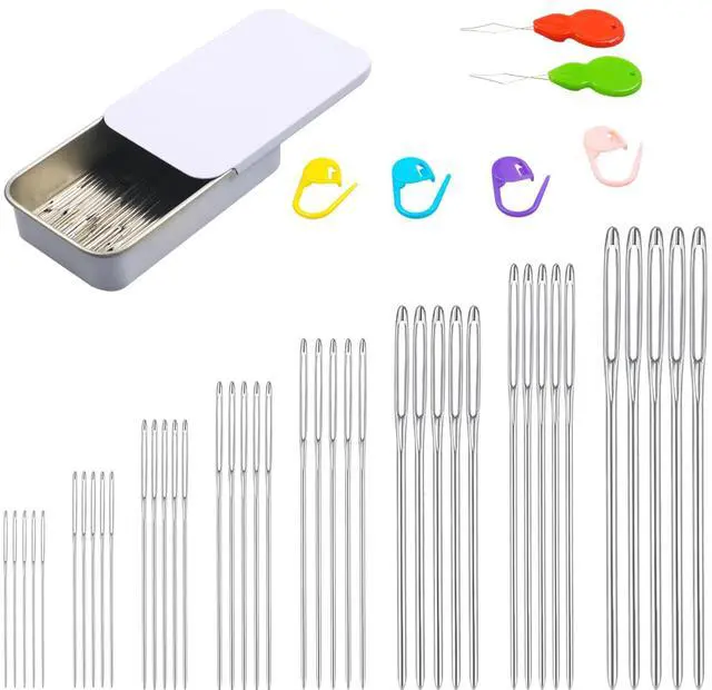 Main image of 46 PCS Large-Eye Blunt Needles kit, 8 Sizes Stainless Steel Yarn Knitting Sewing Needles, Crafting Weaving Stringing Needles with Threaders and Stitch Markers (White)