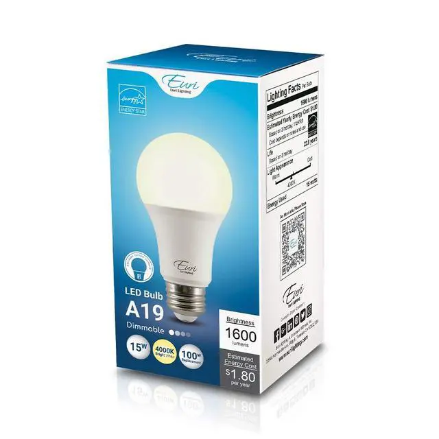 Alt view image 5 of 5 - EA19-15W2040e, LED A19 15W (100W Equivalent), 1600lm, Dimmable, 4000K (Bright White) E26 Base, Fully Enclosed Rated, Damp Rated, UL, 3YR 25K HR Warranty