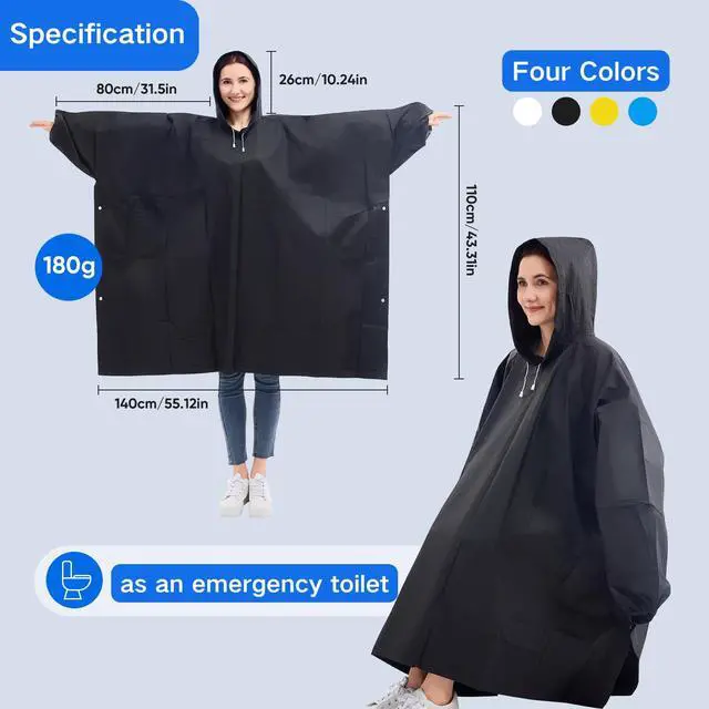 Alt view image 2 of 6 - Reusable Rain Ponchos,Waterproof For Adult 2 Packs - Emergency Poncho with Hood & Sleeves, Home Survival Kits (Black)
