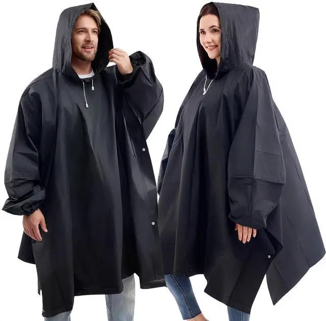 Main image of Reusable Rain Ponchos,Waterproof For Adult 2 Packs - Emergency Poncho with Hood & Sleeves, Home Survival Kits (Black)