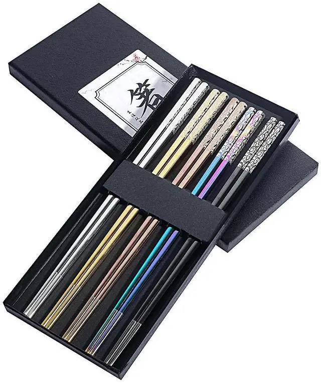 Main image of Chopsticks Reusable Titanium Plated Stainless Steel Japanese Korean for Food & Cooking 9.5Inch Non-Slip for Beginners Square Laser 5 Pairs Gift Set