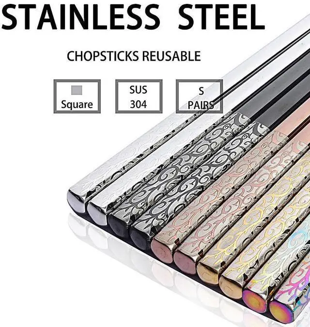 Alt view image 2 of 7 - Chopsticks Reusable Titanium Plated Stainless Steel Japanese Korean for Food & Cooking 9.5Inch Non-Slip for Beginners Square Laser 5 Pairs Gift Set