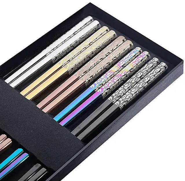 Alt view image 4 of 7 - Chopsticks Reusable Titanium Plated Stainless Steel Japanese Korean for Food & Cooking 9.5Inch Non-Slip for Beginners Square Laser 5 Pairs Gift Set