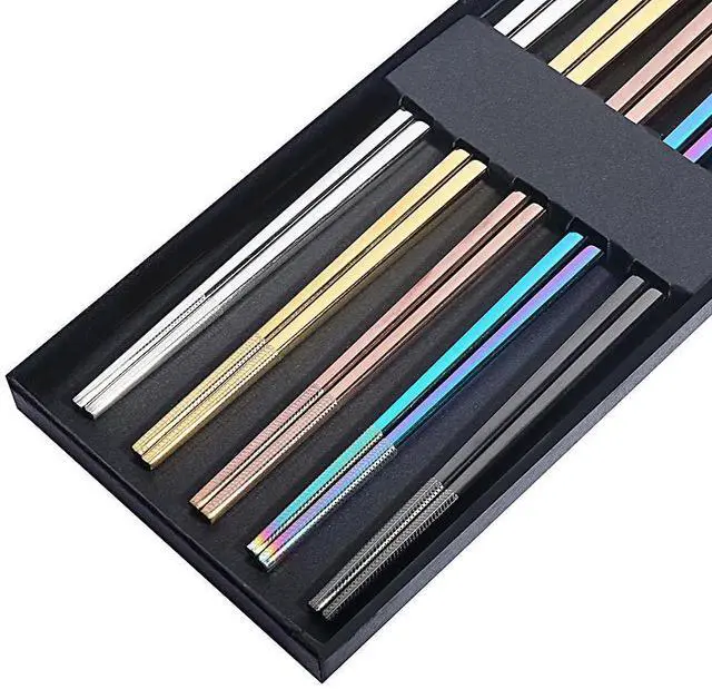 Alt view image 5 of 7 - Chopsticks Reusable Titanium Plated Stainless Steel Japanese Korean for Food & Cooking 9.5Inch Non-Slip for Beginners Square Laser 5 Pairs Gift Set