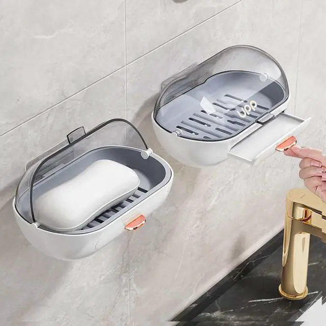 Main image of 2 Pack Shower Soap Dish Holder with Lid, Bar Soap Container with Drain