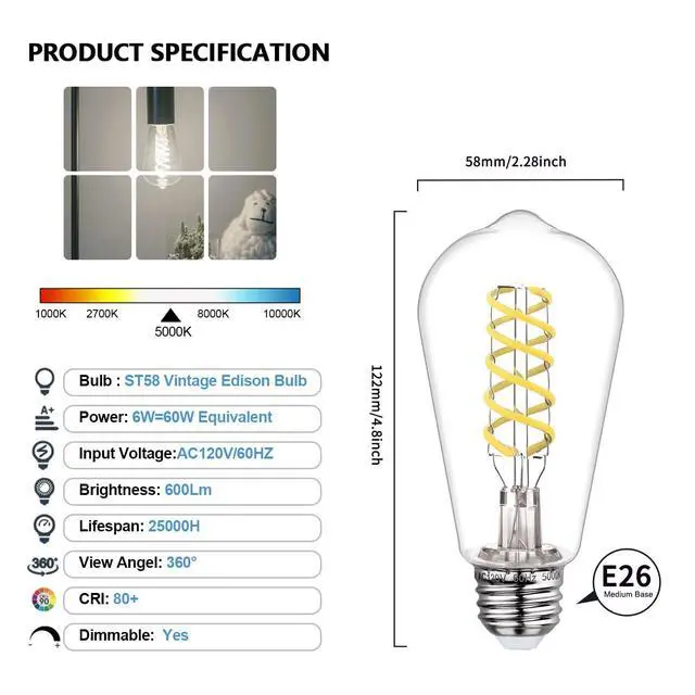 Alt view image 2 of 7 - 4Pack Dimmable LED Edison Bulbs,5000K Daylight White, 6W Equivalent to 60W Vintage Light Bulbs, Antique Flexible Spiral LED Filament Decorative Light Bulbs