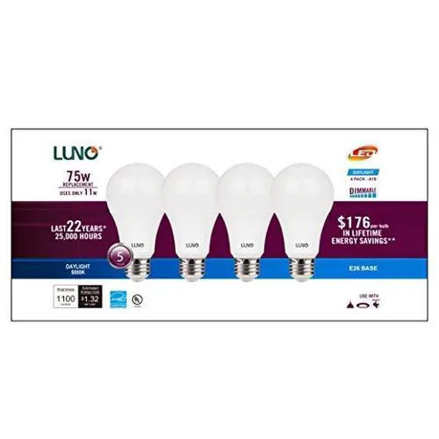 Alt view image 2 of 5 - A19 Dimmable LED Bulb, 11W (75W Equivalent), 1100 Lumens, 5000K (Daylight), Medium Base (E26),UL & Energy Star (4-Pack)