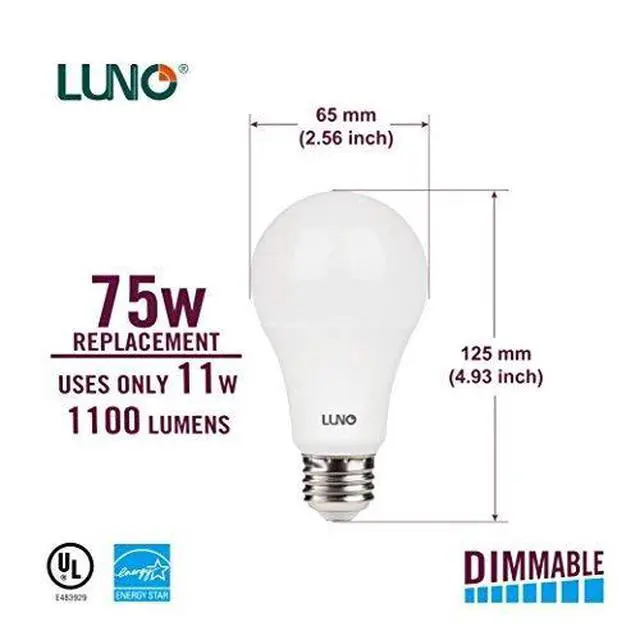 Alt view image 3 of 5 - A19 Dimmable LED Bulb, 11W (75W Equivalent), 1100 Lumens, 5000K (Daylight), Medium Base (E26),UL & Energy Star (4-Pack)