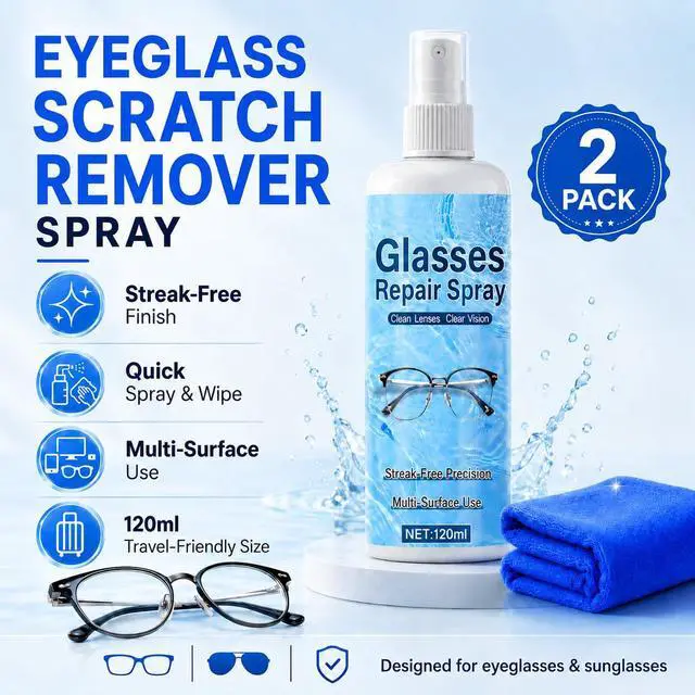 Alt view image 2 of 7 - 2PCS Eyeglass Scratch Remover, Eye Glass Cleaners Spray, Lens Scratch Remover for Eyeglasses & Sunglasses, Streak-Free Lens Cleaning Kit with Cloths