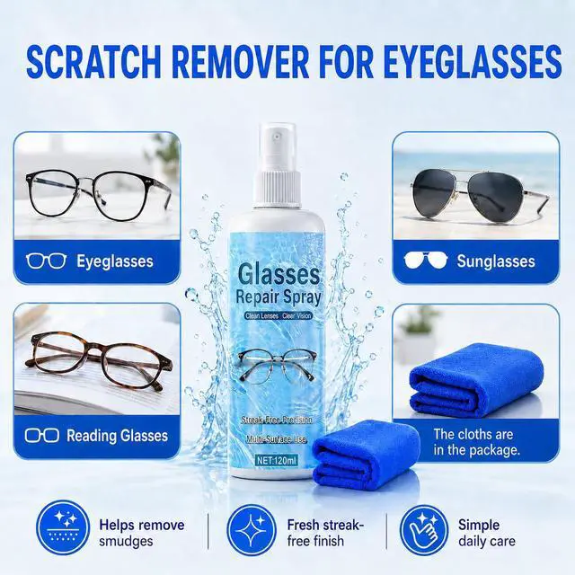 Alt view image 4 of 7 - 2PCS Eyeglass Scratch Remover, Eye Glass Cleaners Spray, Lens Scratch Remover for Eyeglasses & Sunglasses, Streak-Free Lens Cleaning Kit with Cloths