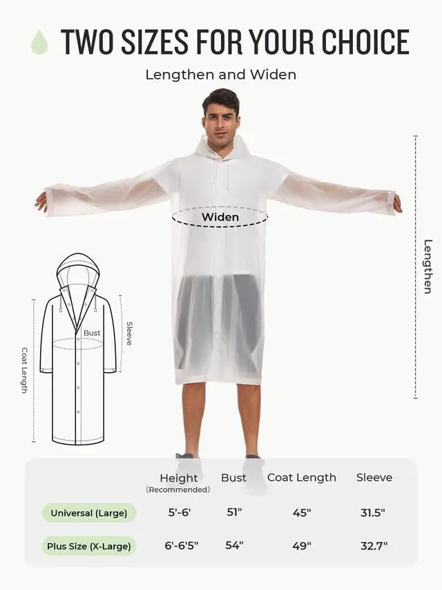 Alt view image 2 of 6 - Extra Long Rain Ponchos for Adults - EVA Rain Coats Waterproof Unisex Rain Jacket with Drawstring Hood (2Packs, White, Universal)