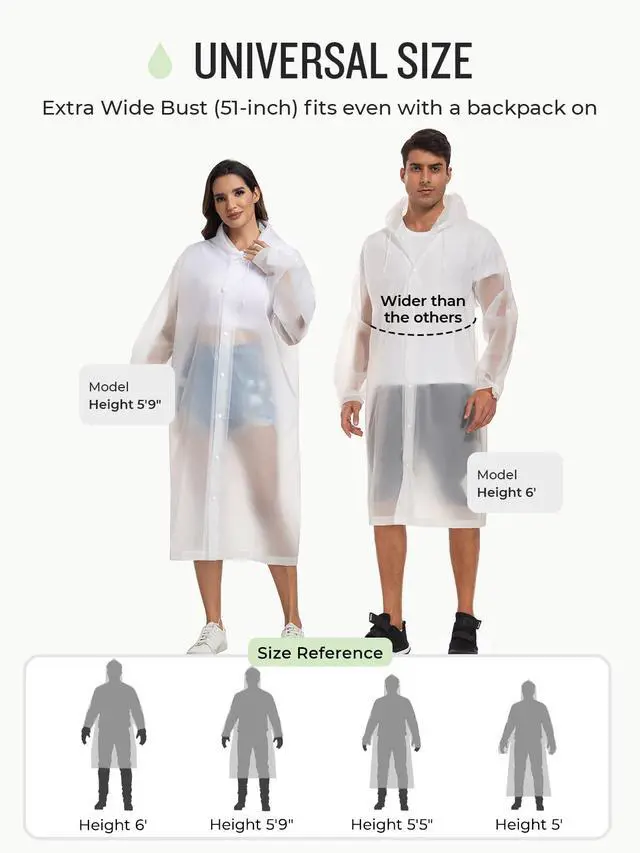 Alt view image 3 of 6 - Extra Long Rain Ponchos for Adults - EVA Rain Coats Waterproof Unisex Rain Jacket with Drawstring Hood (2Packs, White, Universal)