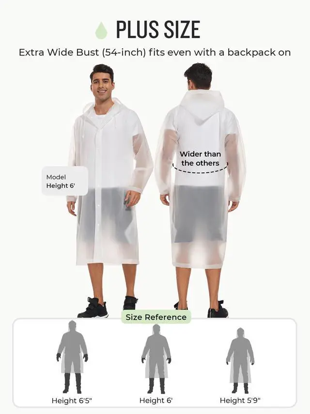 Alt view image 4 of 6 - Extra Long Rain Ponchos for Adults - EVA Rain Coats Waterproof Unisex Rain Jacket with Drawstring Hood (2Packs, White, Universal)