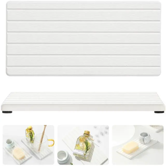 Main image of 2PCS Water Absorbing Stone Drying Tray Mat for Bathroom Sink & Kitchen Counter Faucet Organizer, Quick Dry Dish Rack Soap Dispenser Sponge Holder, Vanity Sink Caddy Bar Coaster, Ivory White 8x 4