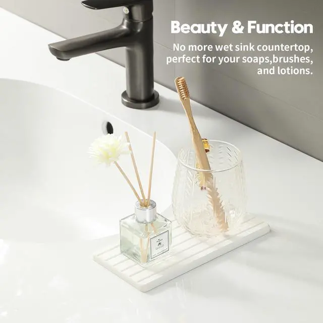 Alt view image 2 of 7 - 2PCS Water Absorbing Stone Drying Tray Mat for Bathroom Sink & Kitchen Counter Faucet Organizer, Quick Dry Dish Rack Soap Dispenser Sponge Holder, Vanity Sink Caddy Bar Coaster, Ivory White 8x 4
