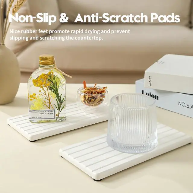 Alt view image 4 of 7 - 2PCS Water Absorbing Stone Drying Tray Mat for Bathroom Sink & Kitchen Counter Faucet Organizer, Quick Dry Dish Rack Soap Dispenser Sponge Holder, Vanity Sink Caddy Bar Coaster, Ivory White 8x 4