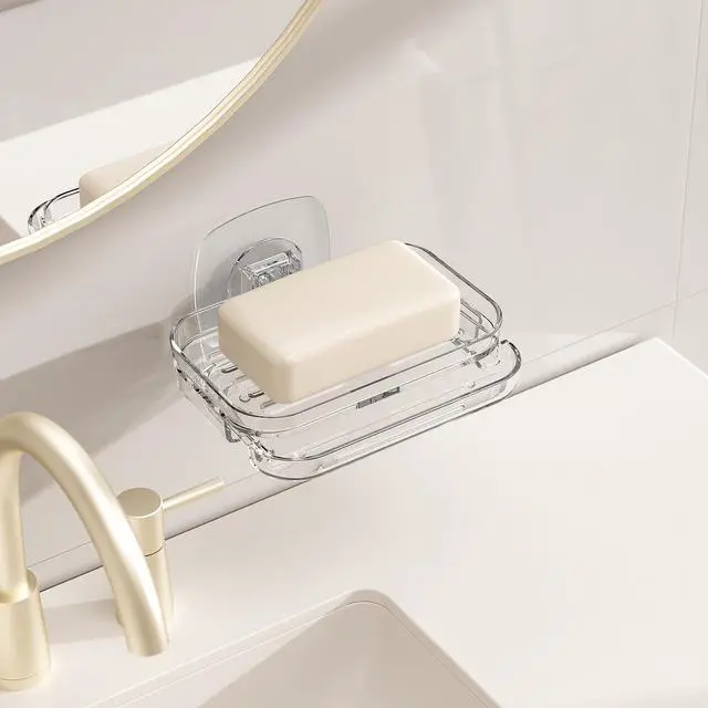 Alt view image 3 of 6 - Soap Dish for Shower Clear Soap Holder Pull-Out Water Tray No Drilling Required Strong Fixation for Rv Bathroom and Kitchen Easy1 Pack