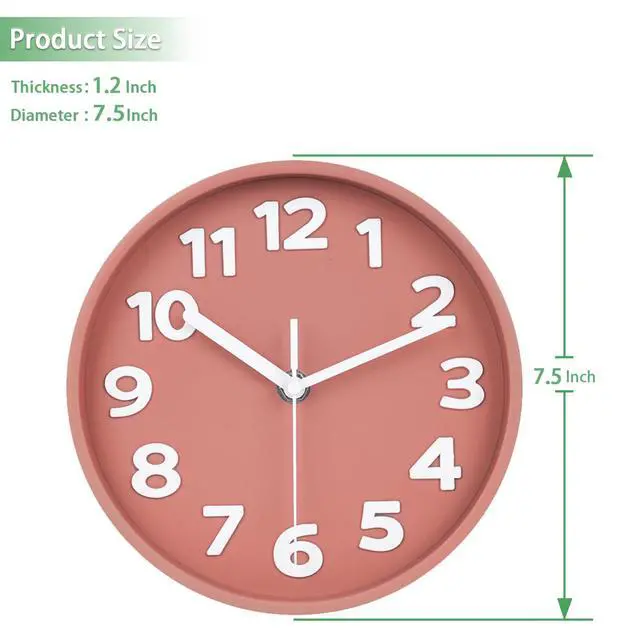 Alt view image 6 of 7 - 8-Inch Pink Modern Wall Clock Silent Non-Ticking, 3D Large Numbers, Accurate Timekeeping | Decorative Wall & Desk Clock with Stand for Living Room, Bedroom, Kitchen, or Office