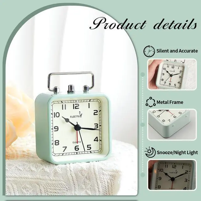 Alt view image 2 of 4 - Square Metal Beep Alarm Clock Silent No Ticking, Snooze and Battery Operated, Night Light and Desk Clock for Bedroom/Travel/Kids, Easy Set(Green)