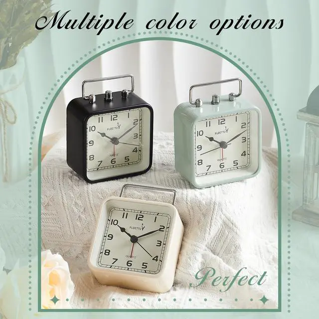 Alt view image 3 of 4 - Square Metal Beep Alarm Clock Silent No Ticking, Snooze and Battery Operated, Night Light and Desk Clock for Bedroom/Travel/Kids, Easy Set(Green)