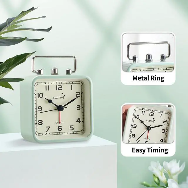 Alt view image 4 of 4 - Square Metal Beep Alarm Clock Silent No Ticking, Snooze and Battery Operated, Night Light and Desk Clock for Bedroom/Travel/Kids, Easy Set(Green)