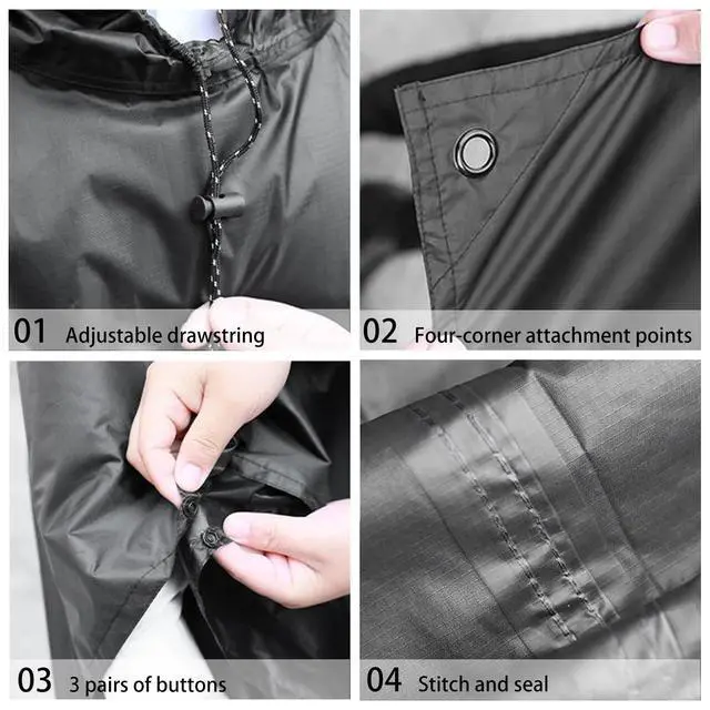 Alt view image 5 of 5 - Lightweigh Hooded Rain Poncho Raincoat Jacket for Men Women Rain Coat with Pocket Adult Outdoor Hiking (US, Alpha, One Size, Regular, Regular, Green)